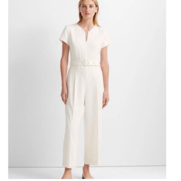 Club Monaco Pants - Club Monaco Womens Hidden Zip V-Neck Belted Jumpsuit in Cream - Size 00